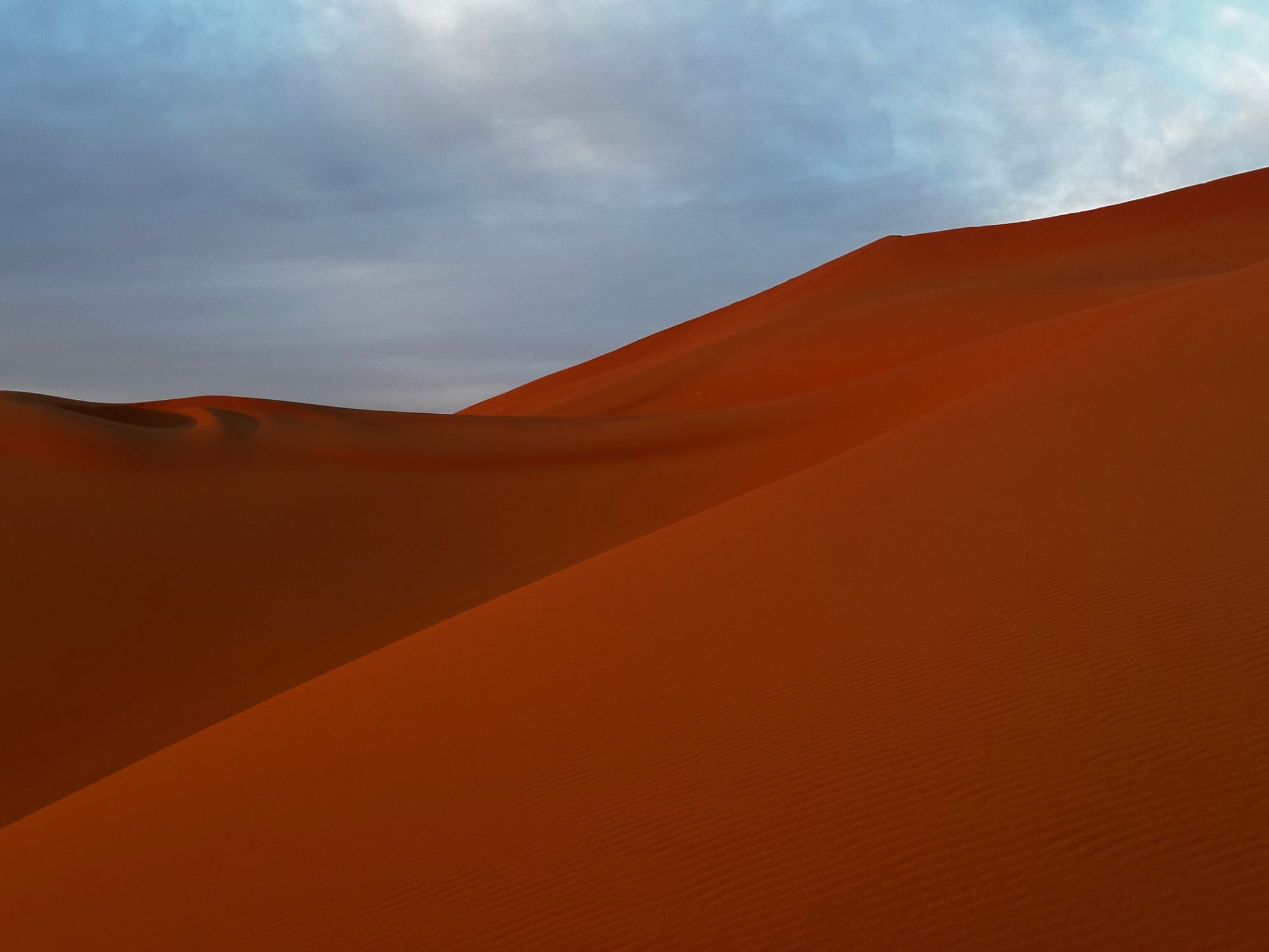 Wind-rippled red sand dunes under a pale sky