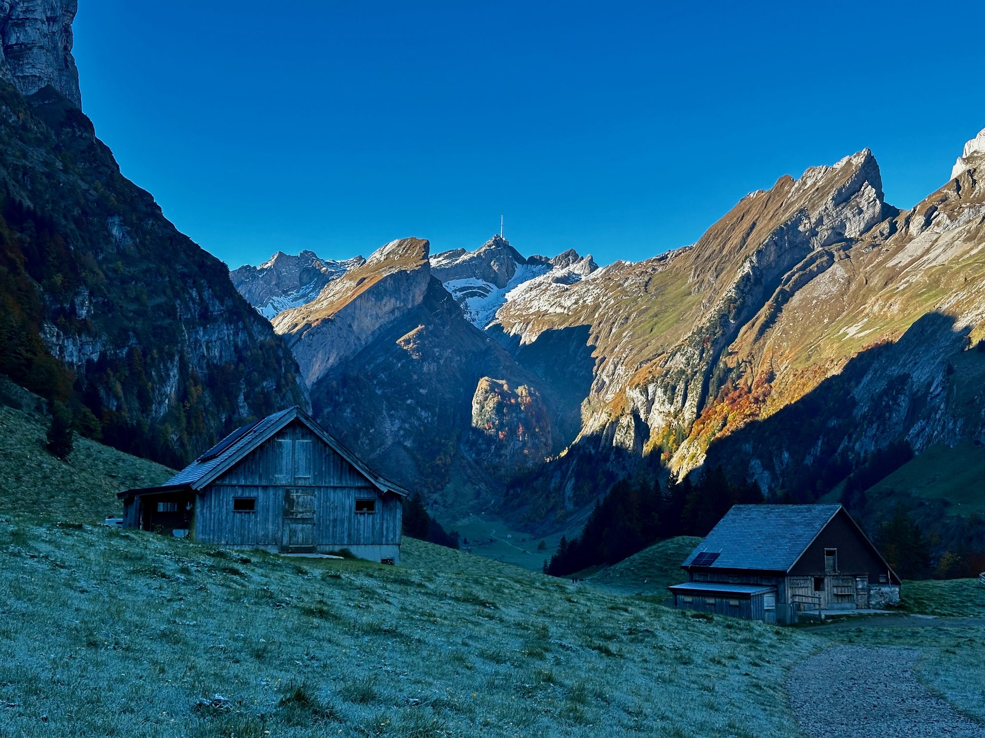 Wooden alpine huts in a meadow below the Säntis massif